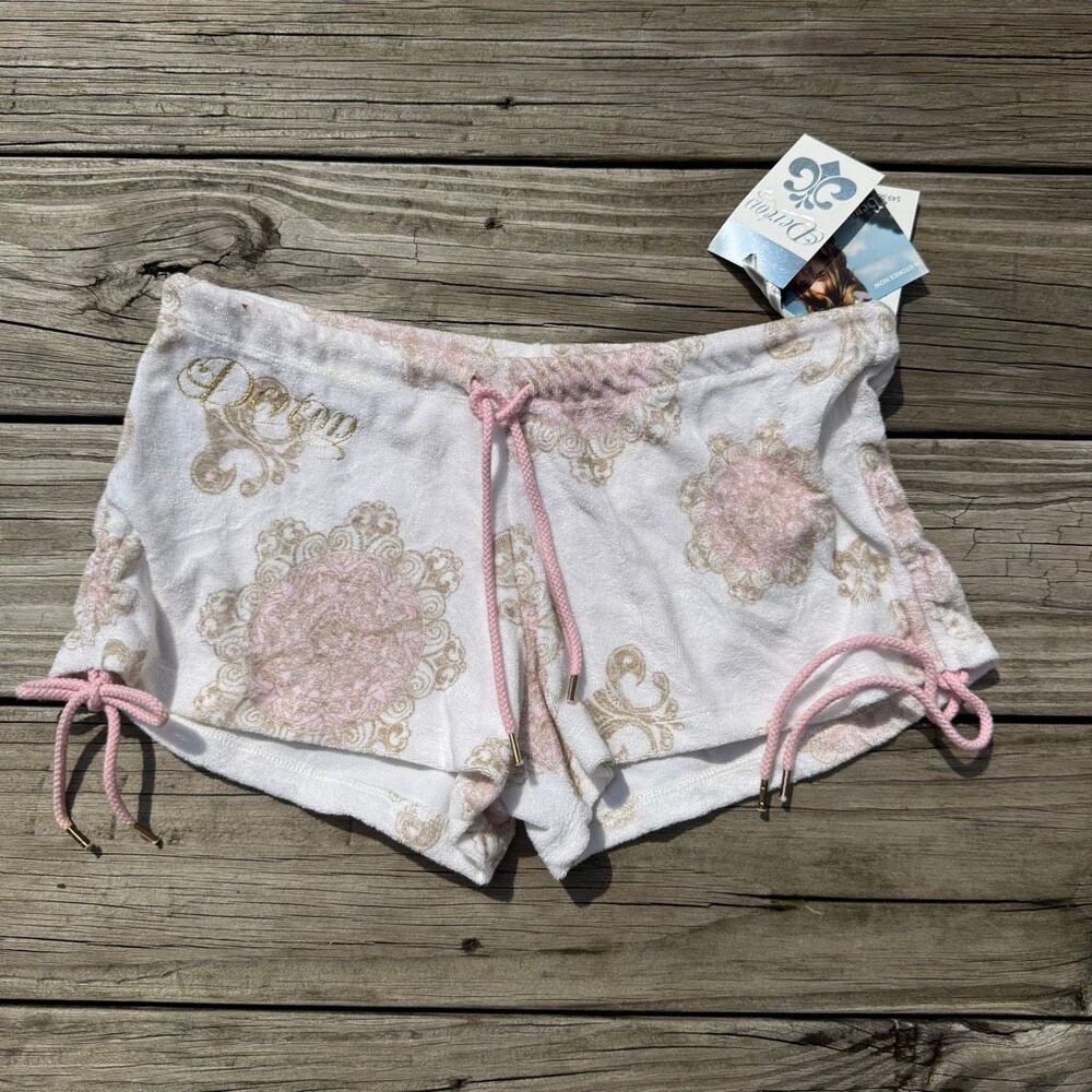 Dereon Women’s L/G NWT Pink White Velour Lounge Shorts Fleur De Lis